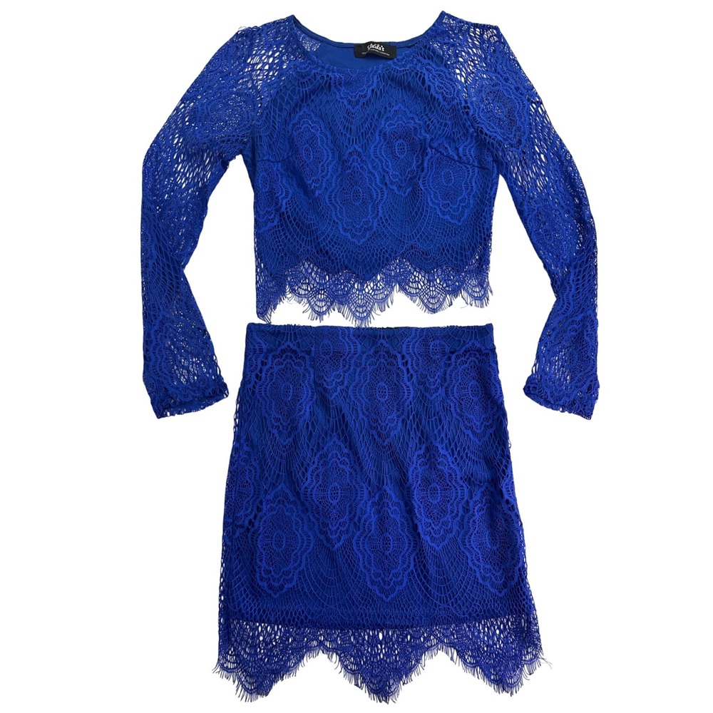 LuLu's Blue Lace Two Piece Set Long Sleeve Crop Top Mini Skirt Women's Small‎